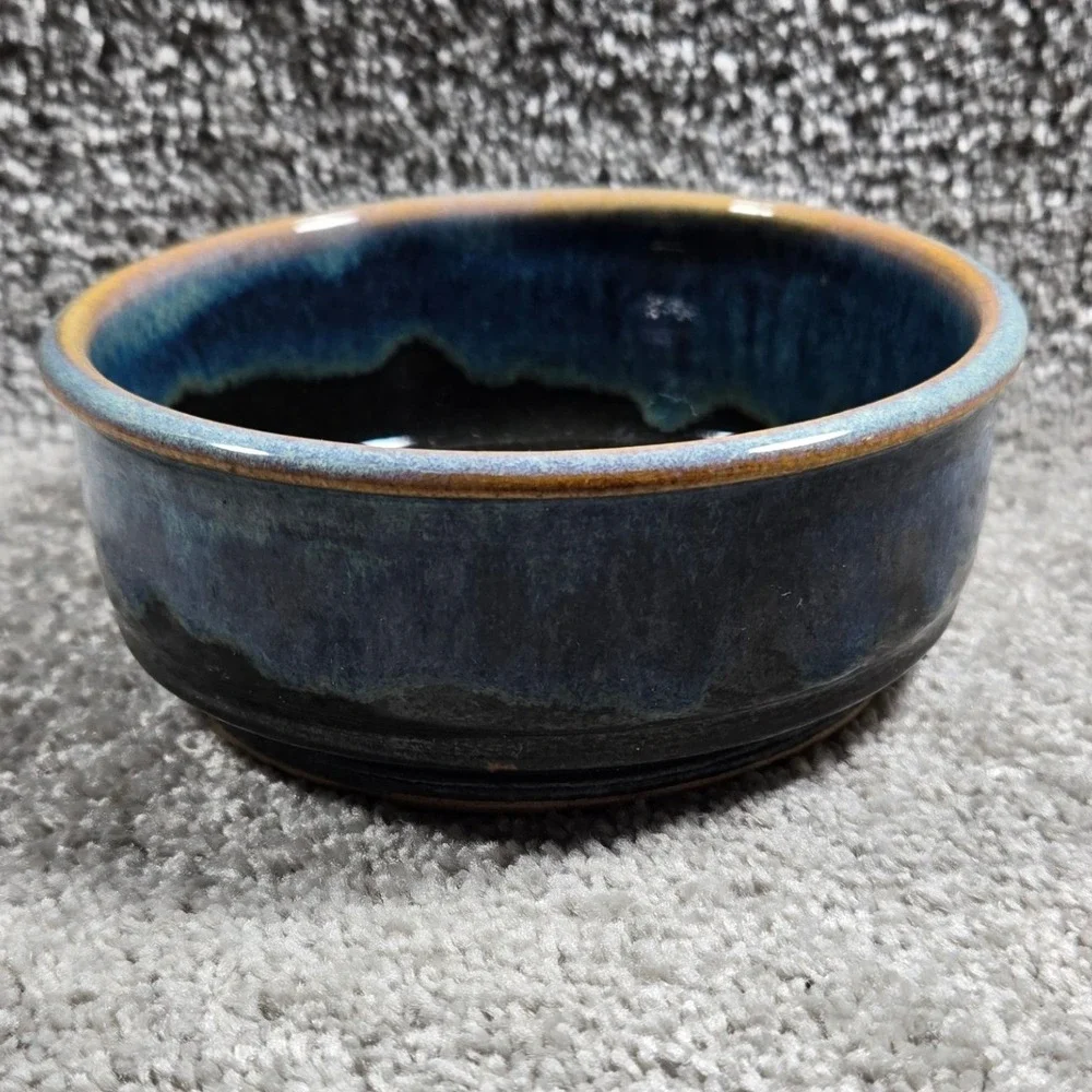 Studio Pottery Bowl Blue Drip Glaze Signed Artisan Stoneware Small